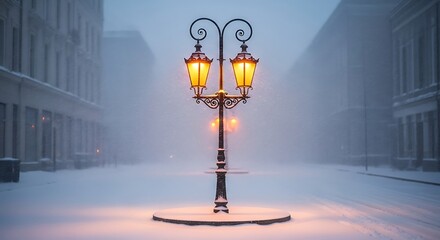 Ornate vintage street lamp glows warmly on a snowy atmospheric urban street at dusk