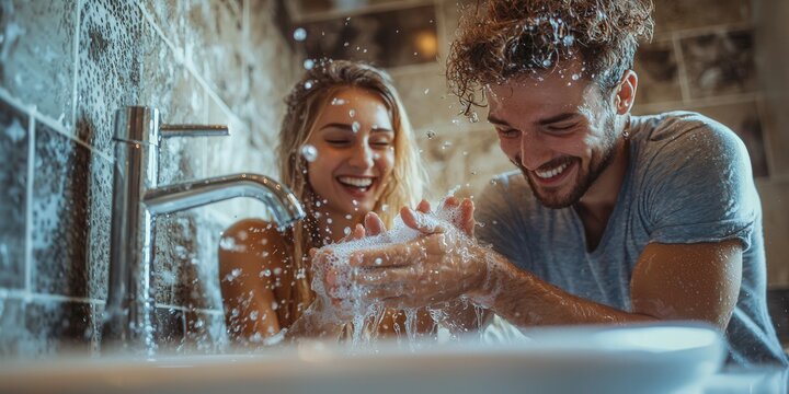 Joyful young couple having a fun water fight while washing hands together in the bathroom sink - Powered by Adobe