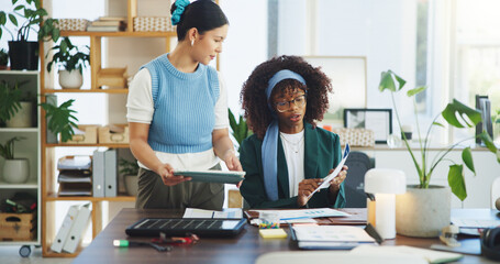 Business, people and tablet with document in office for solar panel, sustainable planning and report. Women, digital or proposal for renewable energy, photovoltaic info and eco friendly project