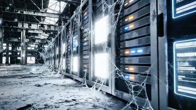 An abandoned server room covered in cobwebs. Data displayed on screens, industrial setting