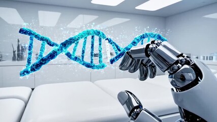 A robotic arm interacts with a glowing DNA strand in a futuristic, sterile lab setting - Powered by Adobe