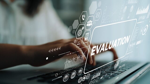 Digital Evaluation Process in Modern Business with Hands Typing on Laptop and Overlay Graphics for Data Analysis. Asymptotic smart data analytic.