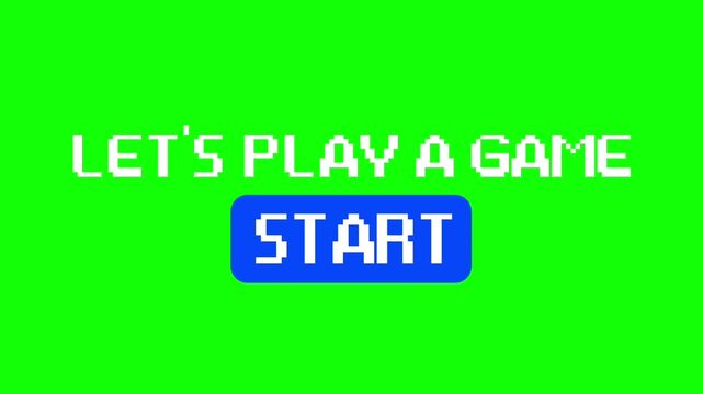 Retro pixel game start screen with bright green background, white text, and blue start button, perfect for gaming intro or digital interface themes