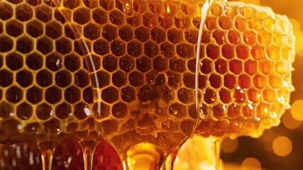 Close up of honeycombs with dripping honey illuminated by warm lighting ideal for food or natural product imagery