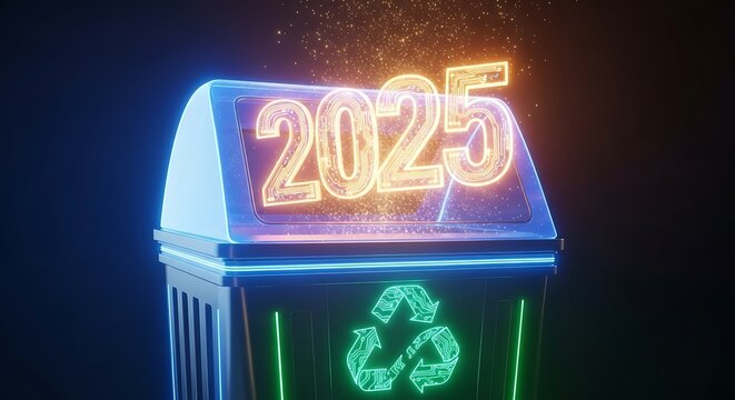 Glowing neon 2025 number displayed on a futuristic recycling bin with sparkles - Powered by Adobe