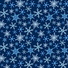 Watercolor snowflakes at night on a dark blue background seamless pattern