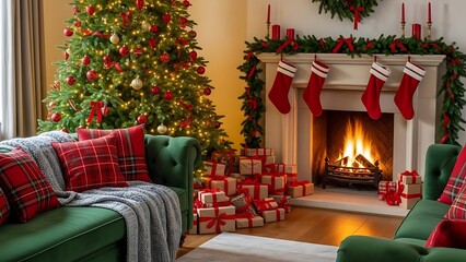 Cozy living room decorated for Christmas with a lit tree and fireplace.