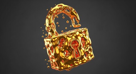 Abstract golden padlock dissolving into shimmering particles against a dark background