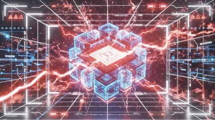 Futuristic, geometric data visualization with energy flows and glowing cubes - Powered by Adobe