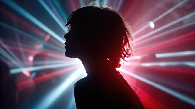 Silhouette of Person in Nightclub with Vibrant Laser Lights and Futuristic Atmosphere