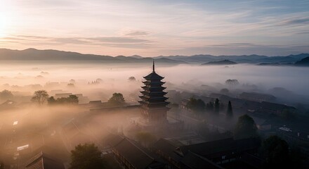 Aerial view of a traditional pagoda in a village shrouded in mist during sunrise. The scene evokes a sense of tranquility and mystery.