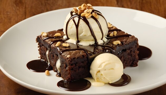 peanut brownie sundae topped with chocolate sauce and vanilla ice cream - Powered by Adobe
