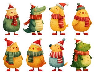 PNG Festive animal friends in winter attire, element set on transparent background