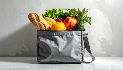 A filled gray insulated cooler bag showcases various fresh produce against a textured white wall