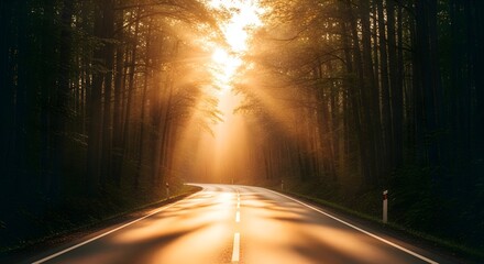 Enchanting golden sunlight piercing through dense forest trees, beautifully illuminating a winding asphalt road, creating a peaceful and hopeful natural landscape
