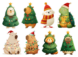 PNG Cute animals dressed as Christmas trees, element set on transparent background