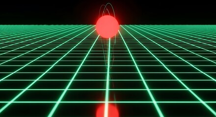 Abstract neon grid with glowing red orb and futuristic digital landscape