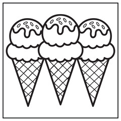 Ice Cream Coloring Page – Hand Drawn Waffle Cones Trio Illustration – Black and White Line Art for Kids and Adults