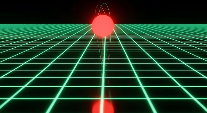 Abstract neon grid with glowing red orb and futuristic digital landscape - Powered by Adobe