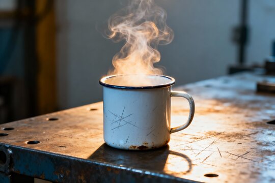 Hot enamel cup steaming in rustic workshop