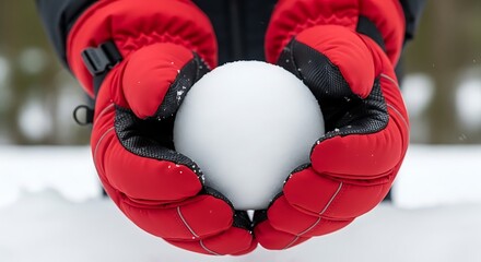 Close up of gloved hands holding a perfectly round snowball ready for winter fun