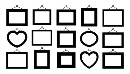 Collection of black graphic frames in various shapes and sizes hanging on a white background picture frame