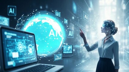 Dynamic businesswoman interacts with glowing AI network connecting global data streams in futuristic digital space - Powered by Adobe