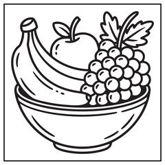 Fresh Fruit Bowl Composition Coloring Page – Cute Mixed Fruits Line Art Vector for Kids and Adult Coloring Book