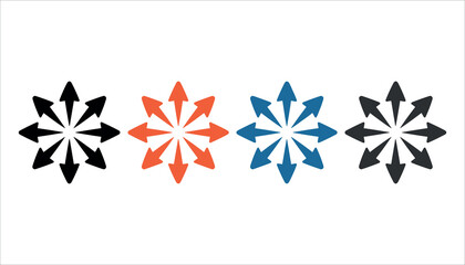 Four radial arrow icons black orange blue gray on white background arrows direction
