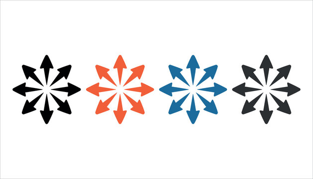 Four radial arrow icons black orange blue gray on white background arrows direction