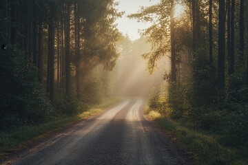 Obraz premium Single lane rural gravel road through the tall green linden trees. Sunlight flowing through the tree trunks. Fairy forest scene. Art, hope, heaven, wilderness, loneliness, pure nature concepts