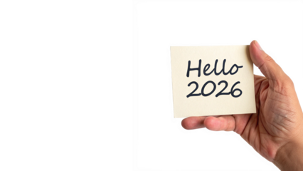 Hand Holding Note with Hello 2026 Isolated on Transparent Background