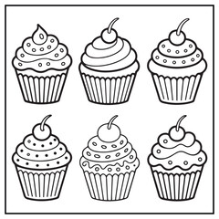 Cute Cupcake Set Coloring Page – Sweet Dessert Line Art Vector for Kids and Adult Coloring Book