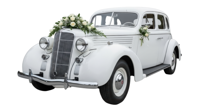 Vintage white wedding car decorated with flowers isolated on transparent background