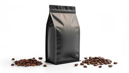 Black coffee bag with roasted coffee beans on a white background