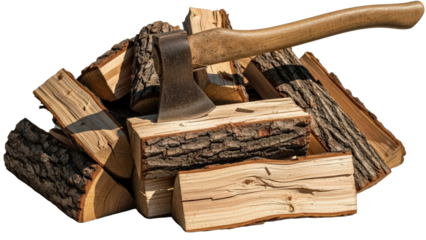 Axe resting on a pile of chopped firewood isolated on transparent background