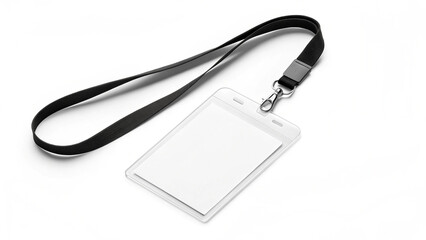Blank white id badge holder with black lanyard on white background