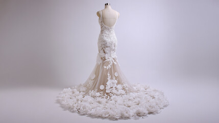 Elegant bridal gown displayed in a soft-lit fashion studio setting