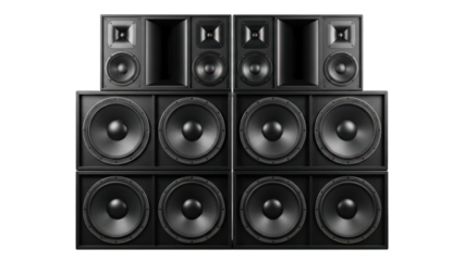 Large stack of professional sound system speakers isolated on transparent background