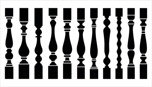 Collection of black silhouette balusters with varied turned wood designs railing spindle