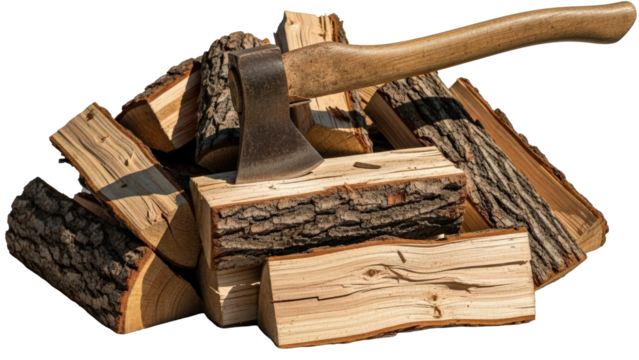 Axe resting on a pile of chopped firewood isolated on transparent background