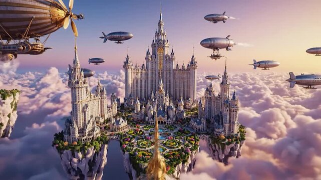 Fantastical Floating City with Airships in the Clouds.