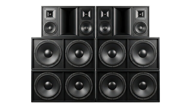 Large stack of professional sound system speakers isolated on transparent background