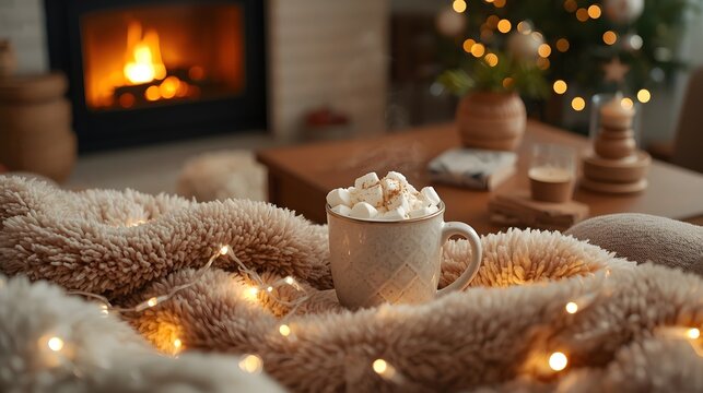 Cozy winter interior scene with hot chocolate and marshmallow on a soft blanket near a warm fireplace, creating a comforting holiday atmosphere with glowing lights