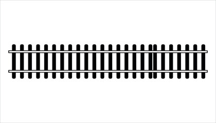 Black and white illustration of a section of railroad tracks with wooden ties and metal rails railway