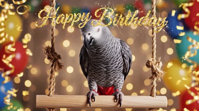 A festive Happy Birthday message with a charming grey parrot sitting on a swing surrounded by colorful balloons and glittering confetti