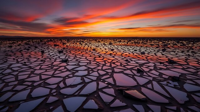 Cracked ice sheet reflects vibrant sunset sky over vast landscape