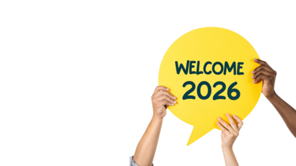 Hands Holding Welcome 2026 Speech Bubble Isolated on Transparent Background