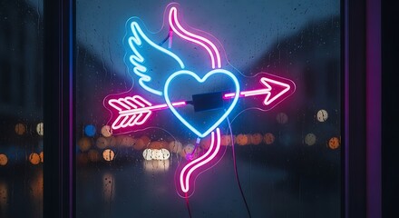 Vibrant neon cupid s arrow piercing a glowing heart symbol against a blurred city nightscape