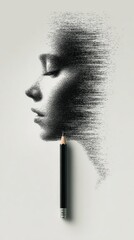 Obraz premium Artistic Pencil Drawing of a Woman's Face Merging with Fine Gradient Shading on White Background